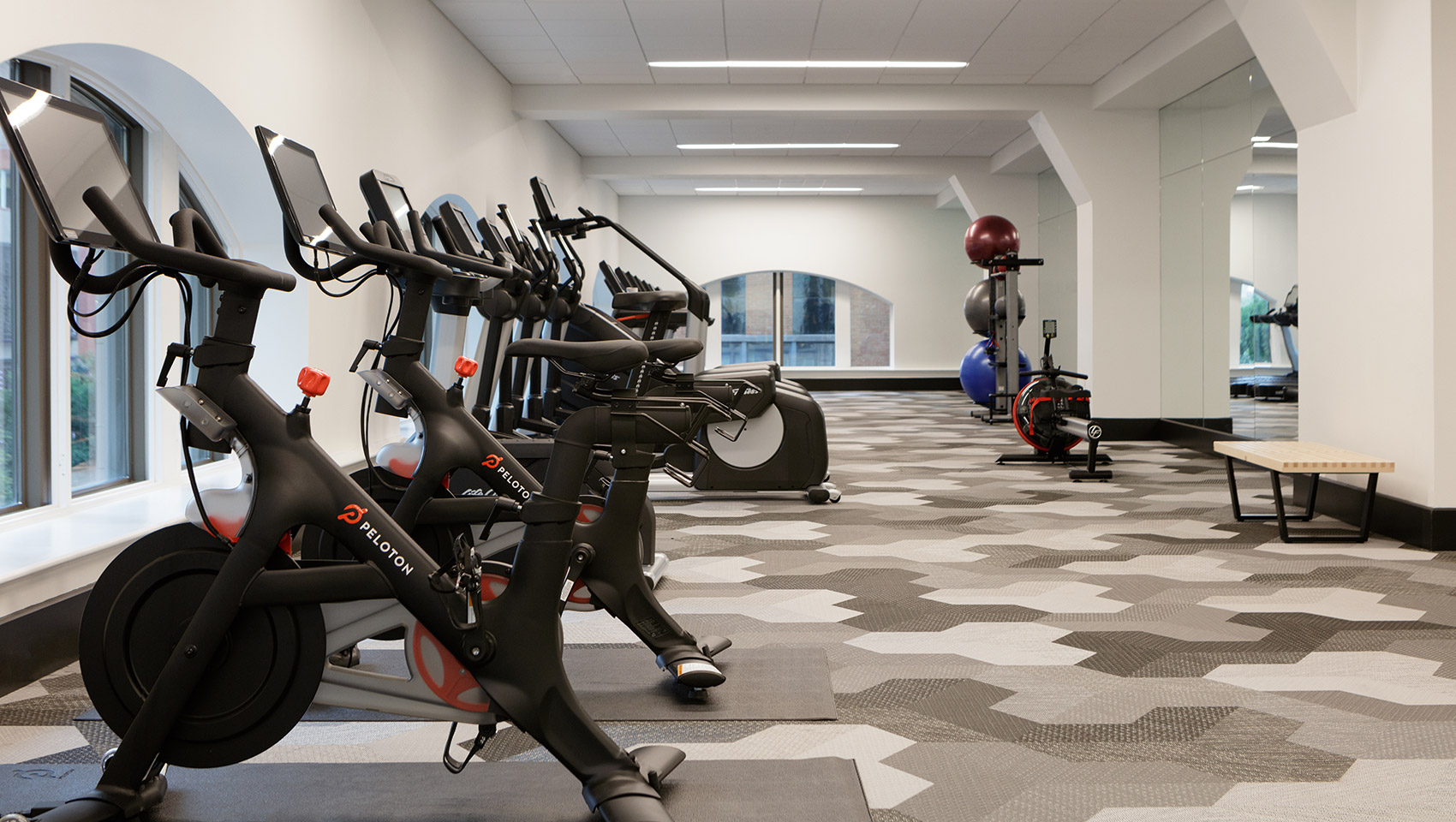 Onsite gym features top of the line fitness equipment like Peloton bikes and a rowing machine