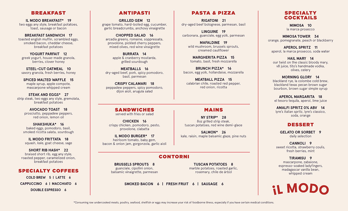 Il Modo Brunch Menu Winter 2024